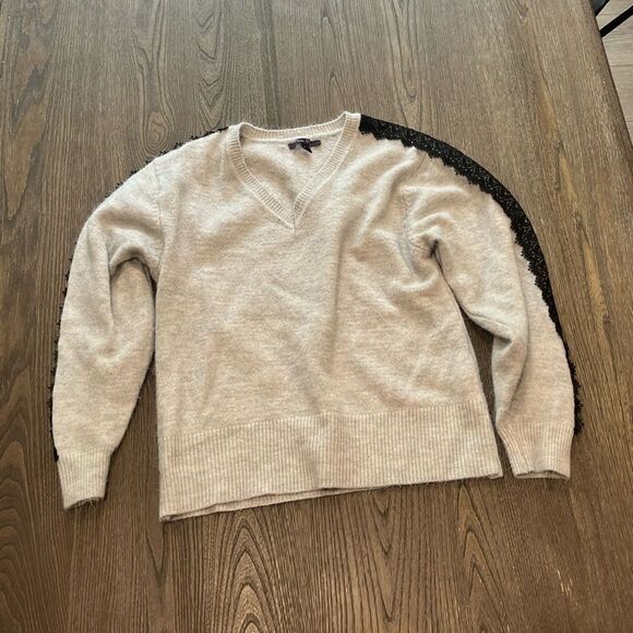Olivia Sky Sweaters - Olivia Sky Beige V-Neck Long Sleeve Black Lace Sweater Size S